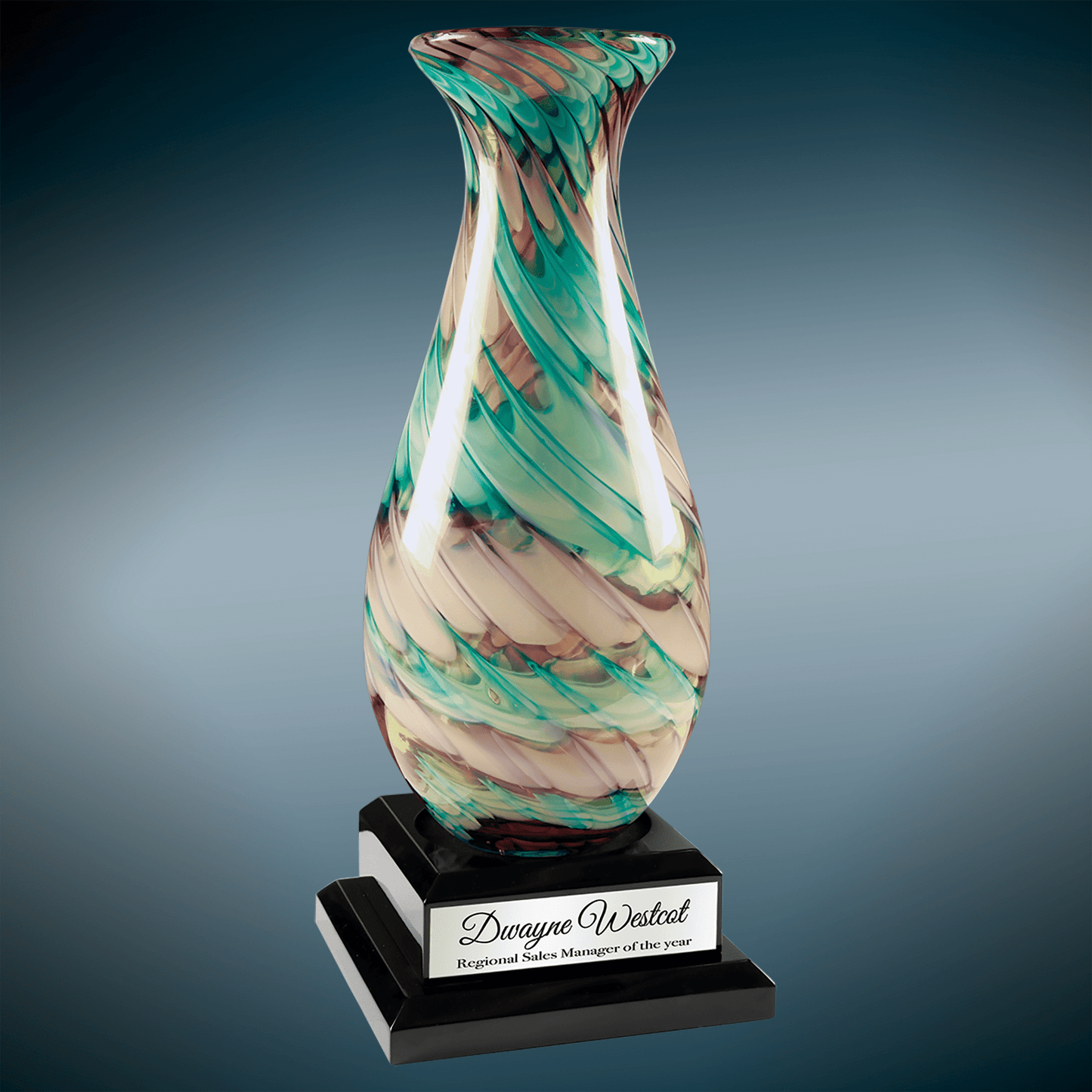 Swirl Art Glass Vase with Black Royal Piano Finish Base glass award laser engravable