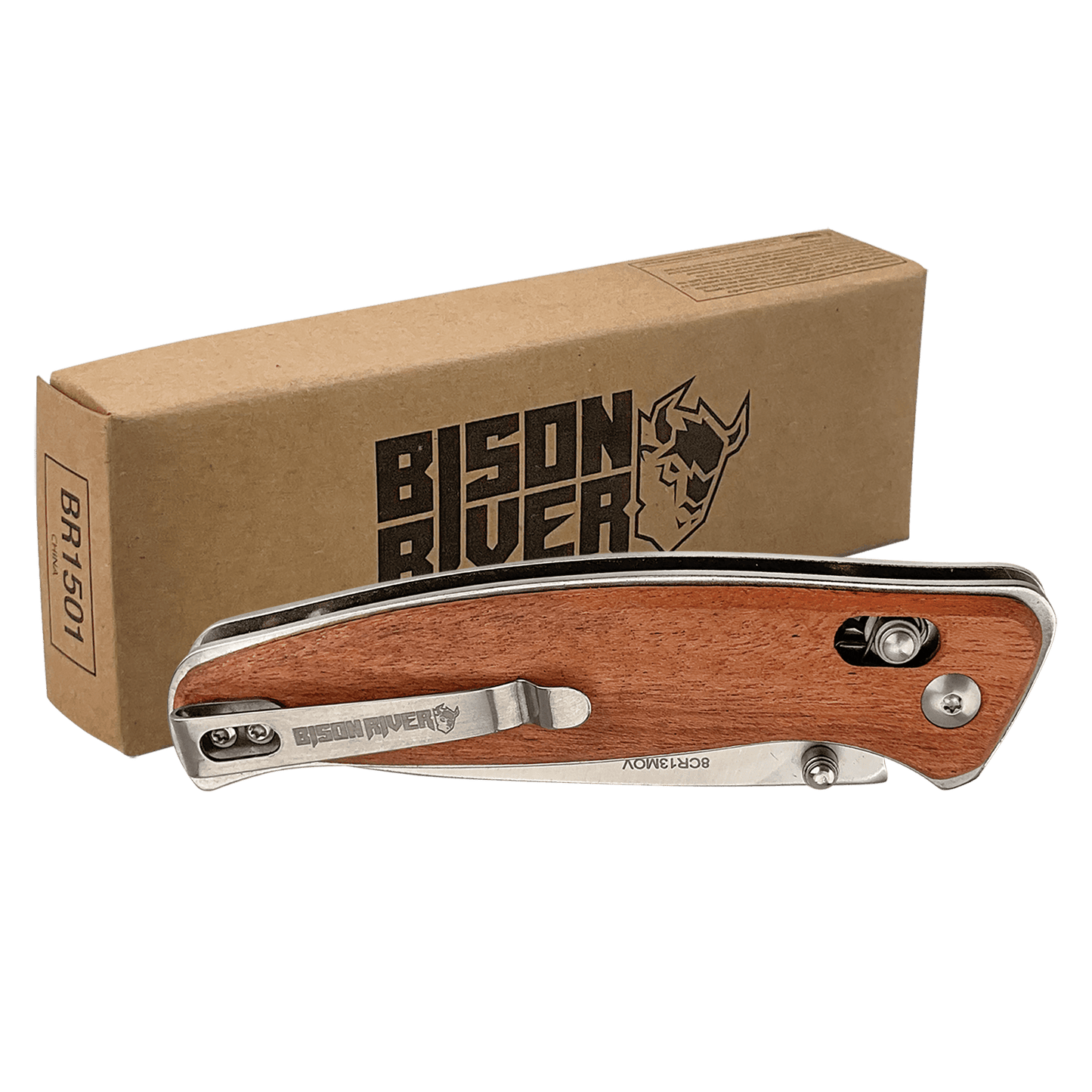 Bison River 4 1/2" Wood Button Lock Folding Knife laser engravable