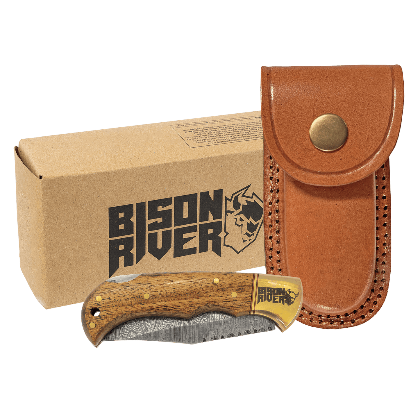 Bison River 3 3/4" Wood Folding Knife with Damascus Steel Blade and Leat laser engravable