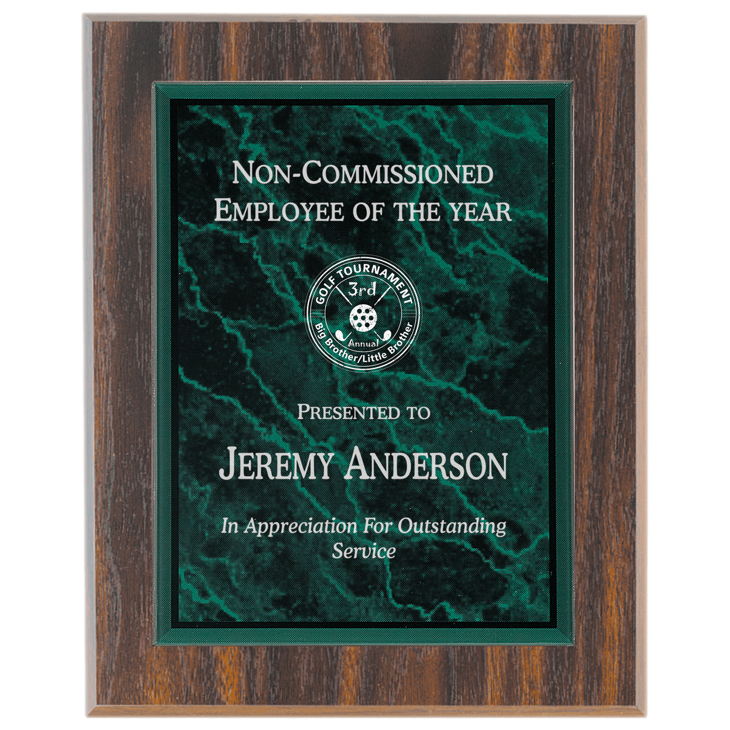 Medium Walnut Finish Plaque with Green Marble Acrylic Plaque Plate