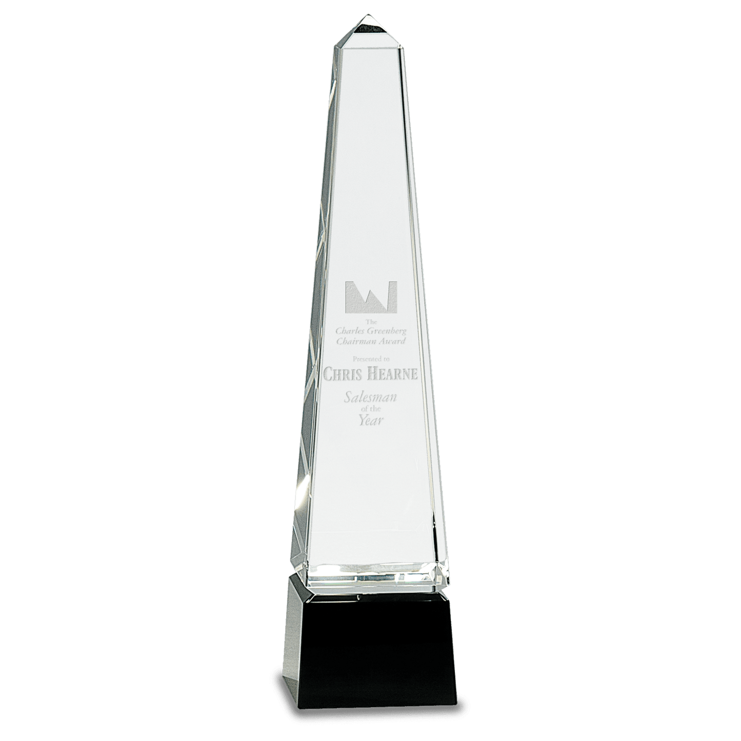 12" Obelisk Crystal on Black Pedestal Base crystal award laser engravable