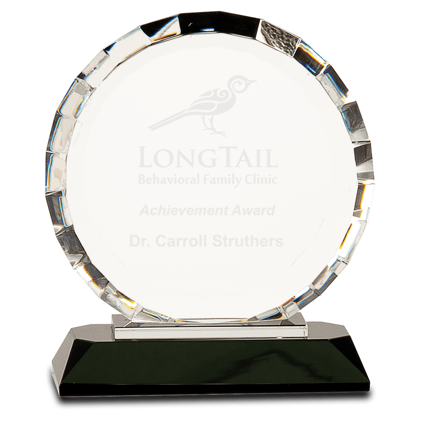 6" Clear Crystal Round with Rectangle Facets on Black Crystal Base crystal award laser engravable