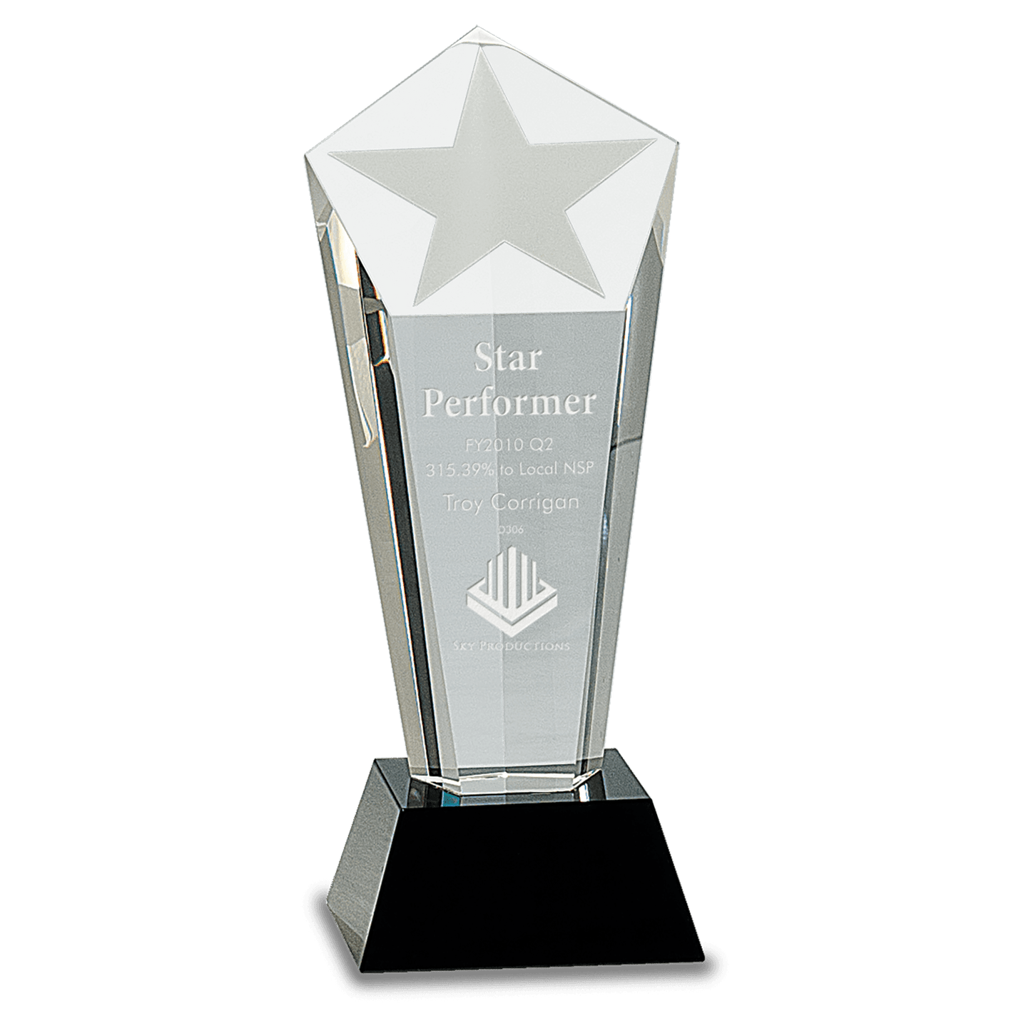8 3/4" Crystal Frosted Star Column on Black Pedestal Base crystal award laser engravable