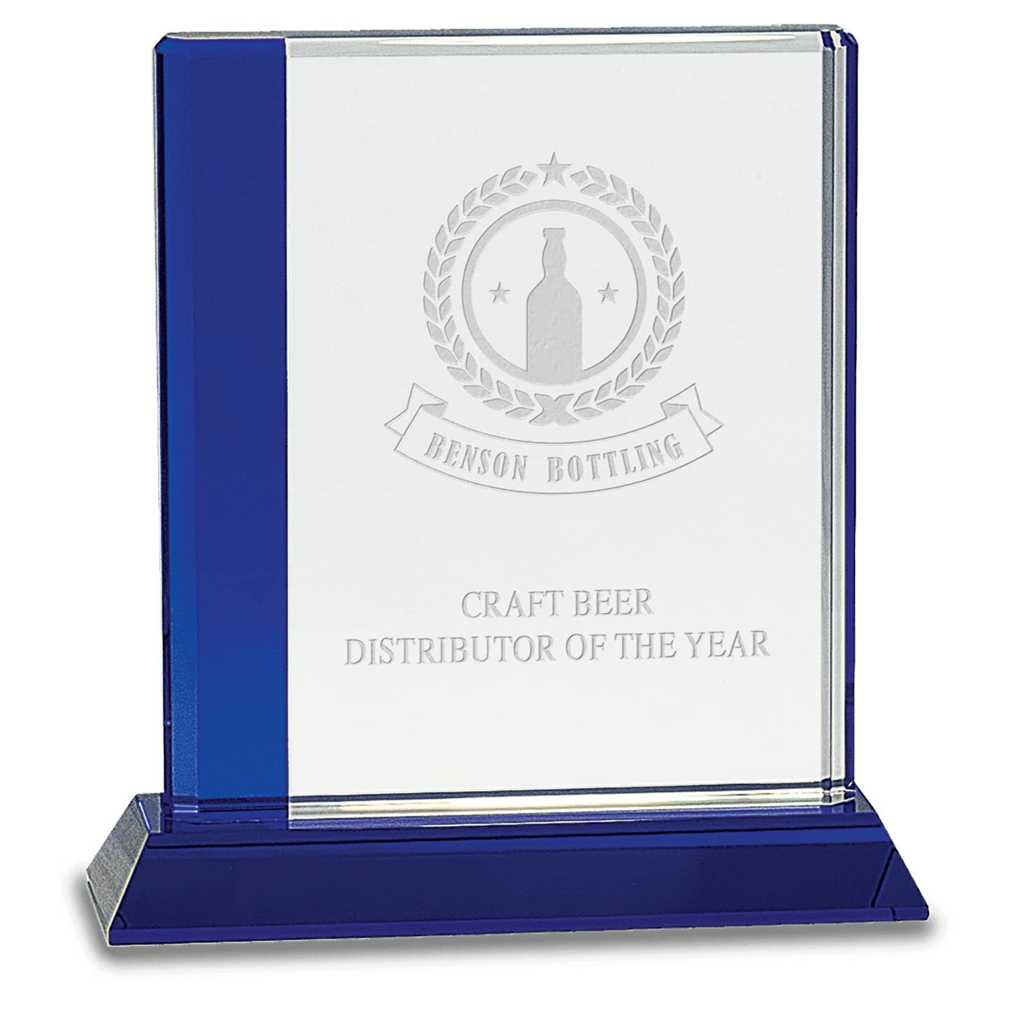 6 1/2" x 7" Blue Edge Crystal on Blue Base crystal award laser engravable
