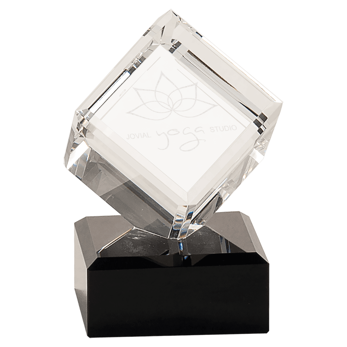 4 1/2" Clear Crystal Cube on Black Pedestal Base crystal award laser engravable