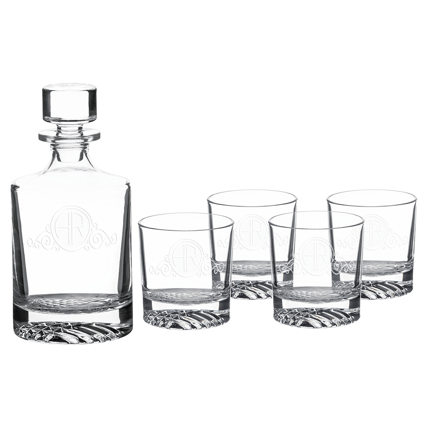 Glass 850ml Round Glass Decanter Set with Four DG401 9 oz. Glasses and Printed Gift Box laser engravable