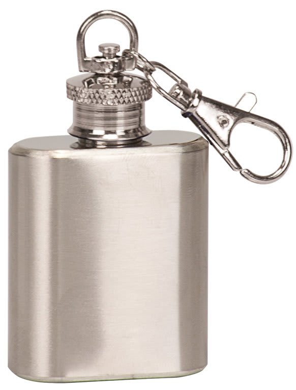Personalized 1 oz. stainless steel flask keychain with custom engraved name or initials