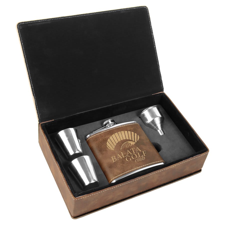 6 oz. Rustic/Gold Laserable Leatherette Flask Gift Set