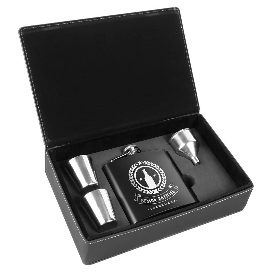 Personalized 6 oz. flask gift set in leatherette box with custom engraved name or monogram