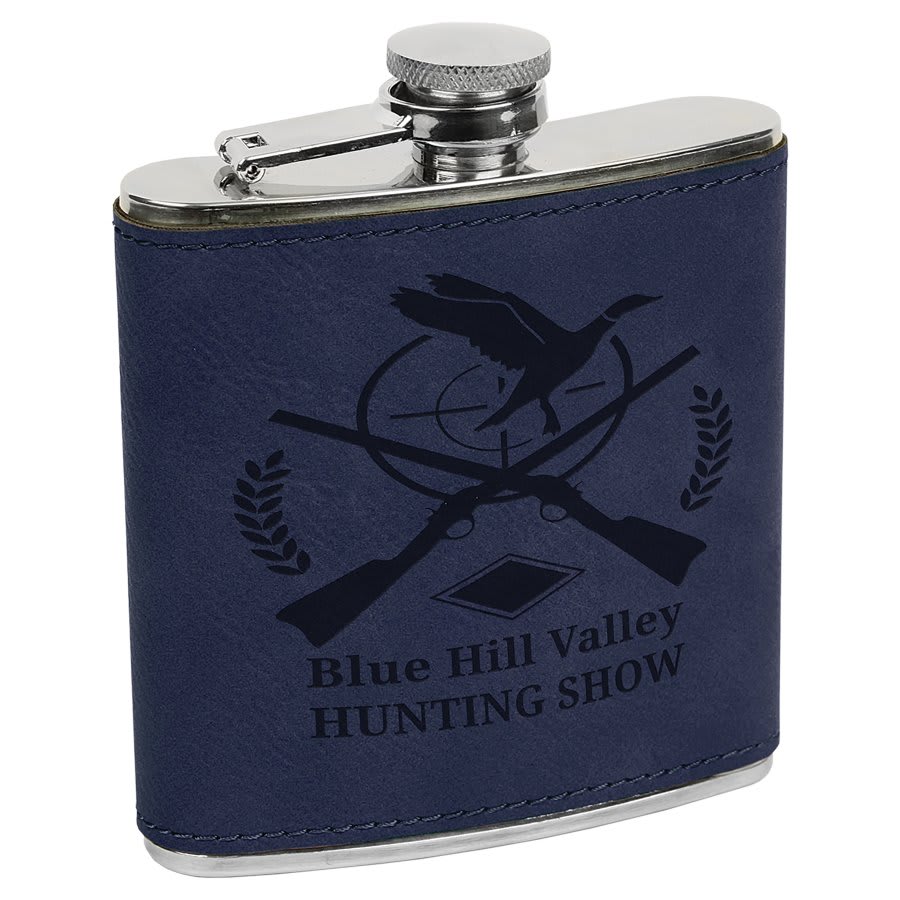 6 oz. Blue/Black Laserable Leatherette Stainless Steel Flask