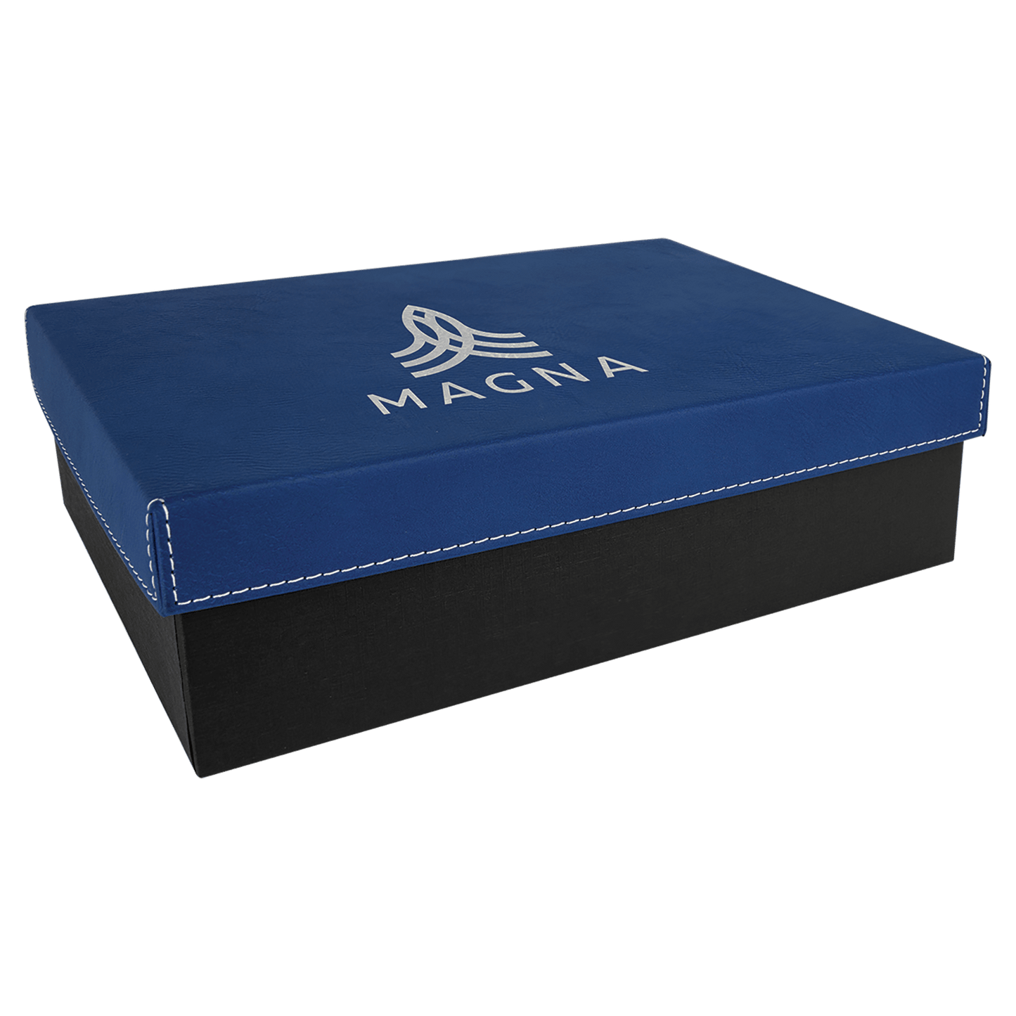 Blue/Silver 9 7/8" x 7 1/8" laser engravable leatherette gift box personalized presentation