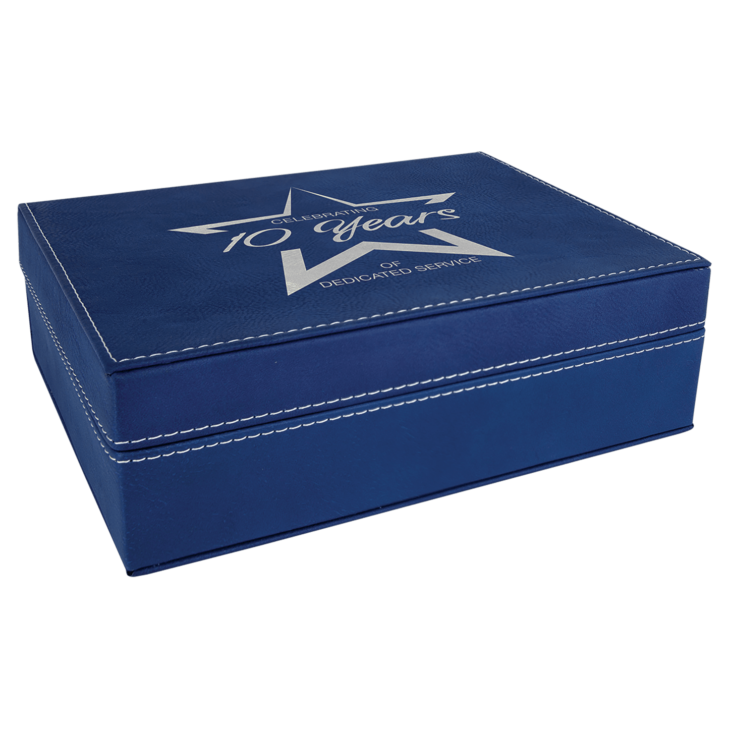 Blue/Silver 8" x 6 3/8" laser engravable leatherette gift box personalized presentation