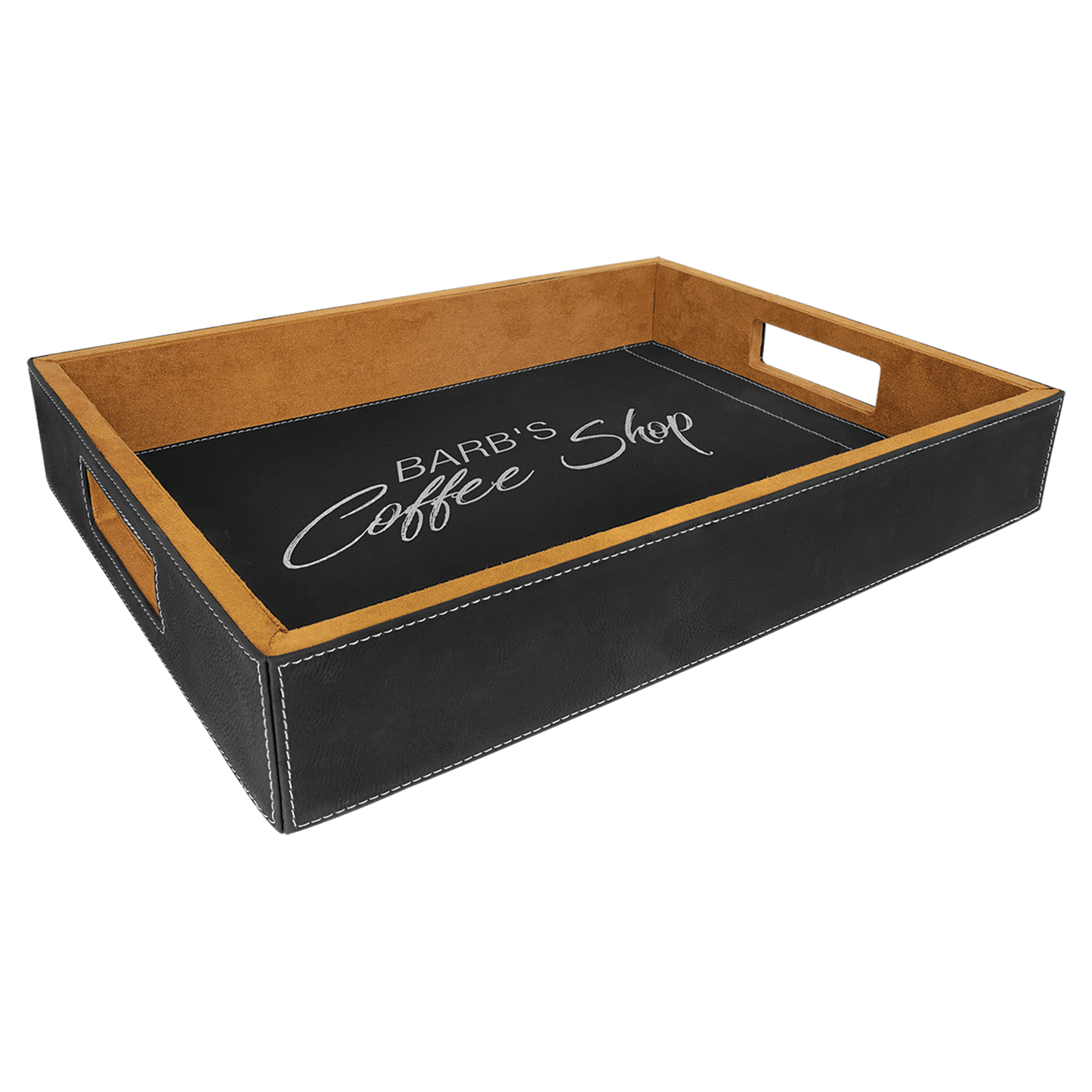 Black/Silver 16" x 12" laser engravable leatherette serving tray personalized gift