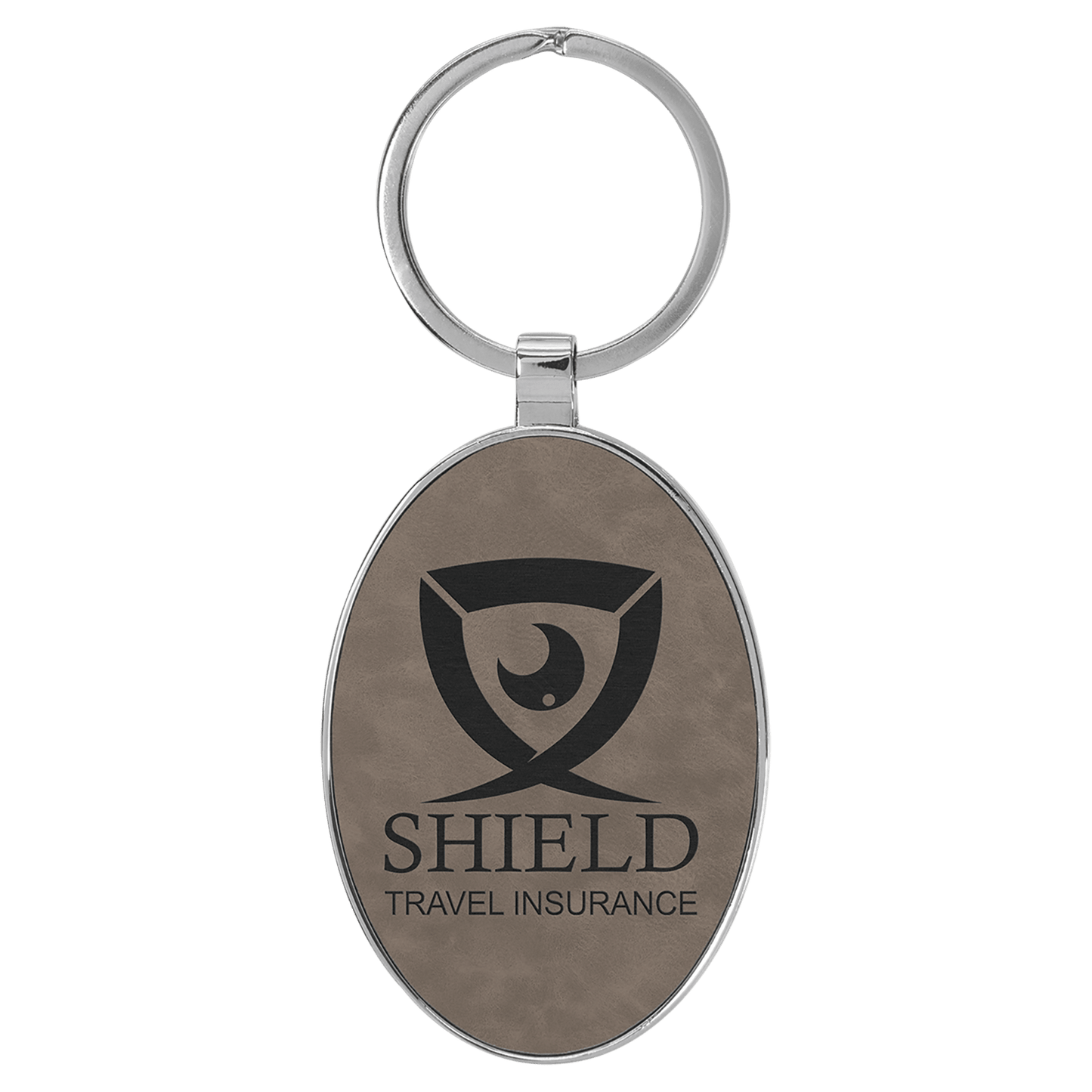 3" x 1 3/4" Laserable Leatherette/Metal Gray Oval Keychain