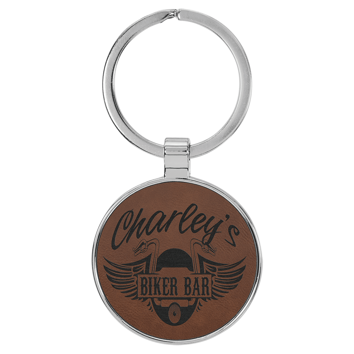 1 1/2" Laserable Leatherette/Metal Dark Brown Round Keychain