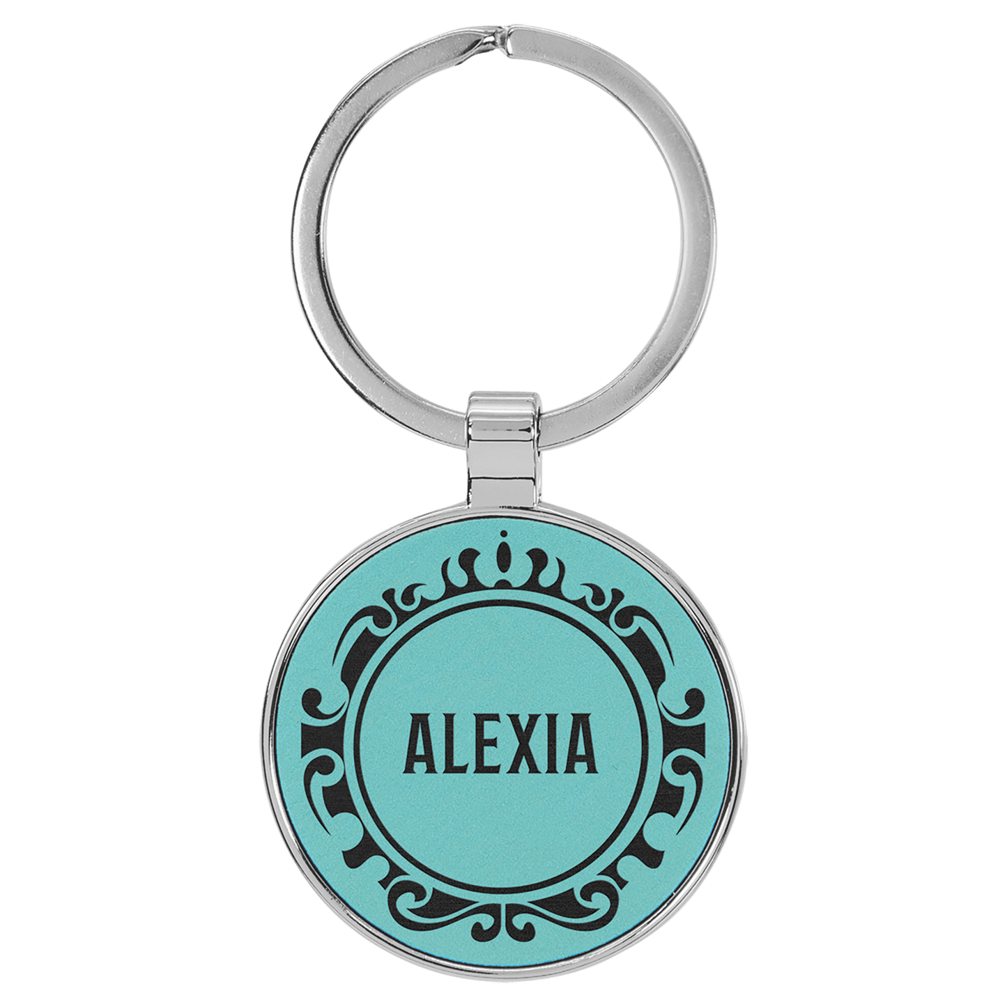 1 1/2" Laserable Leatherette/Metal Teal Round Keychain