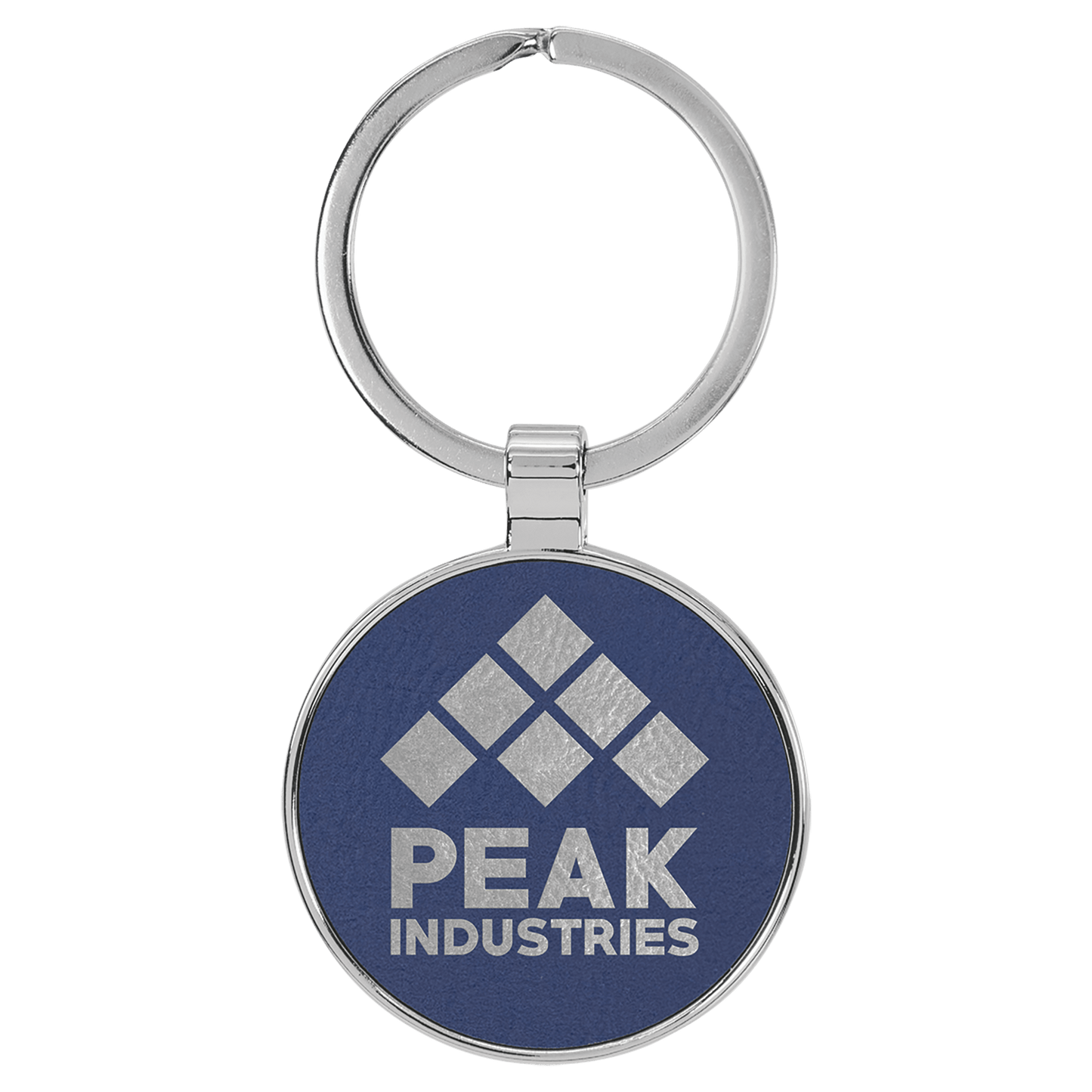 1 1/2" Laserable Leatherette/Metal Blue/Silver Round Keychain