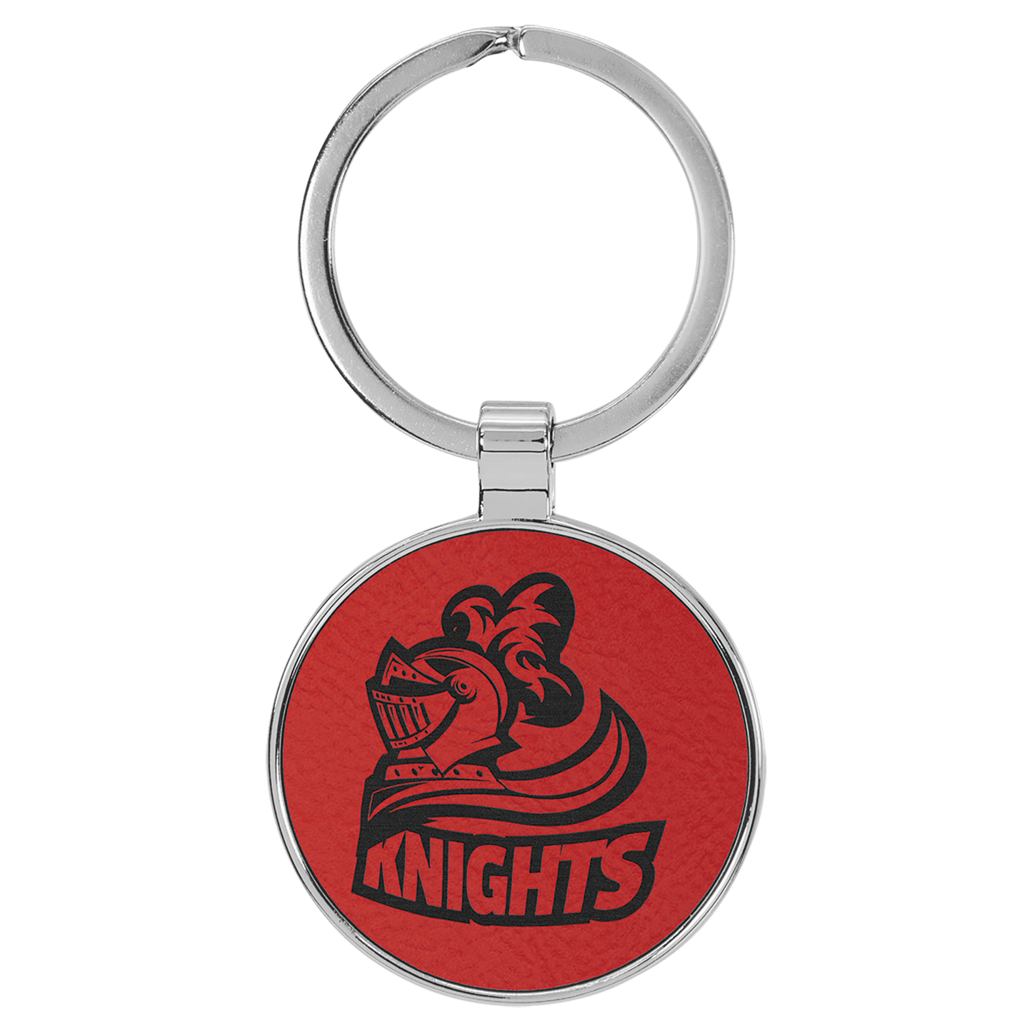 1 1/2" Laserable Leatherette/Metal Red Round Keychain
