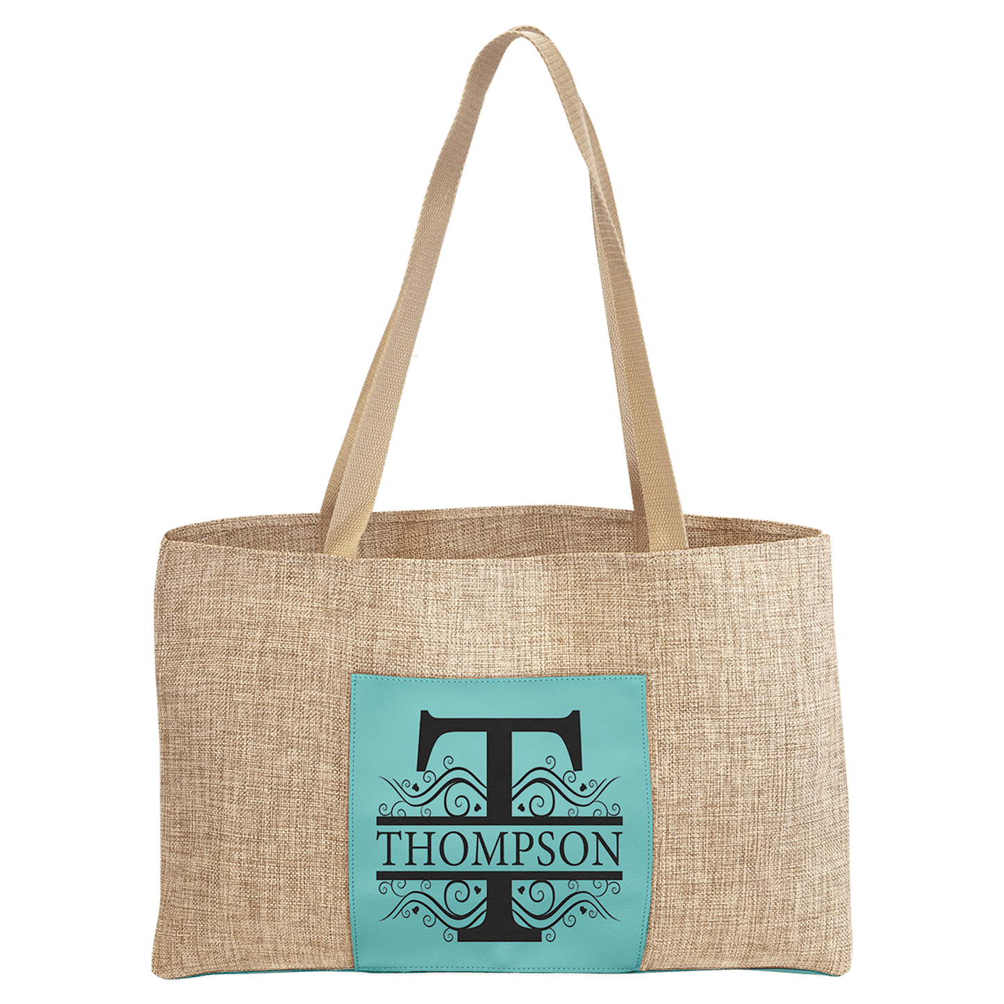 Teal 19" x 12" laser engravable leatherette burlap bag personalized gift