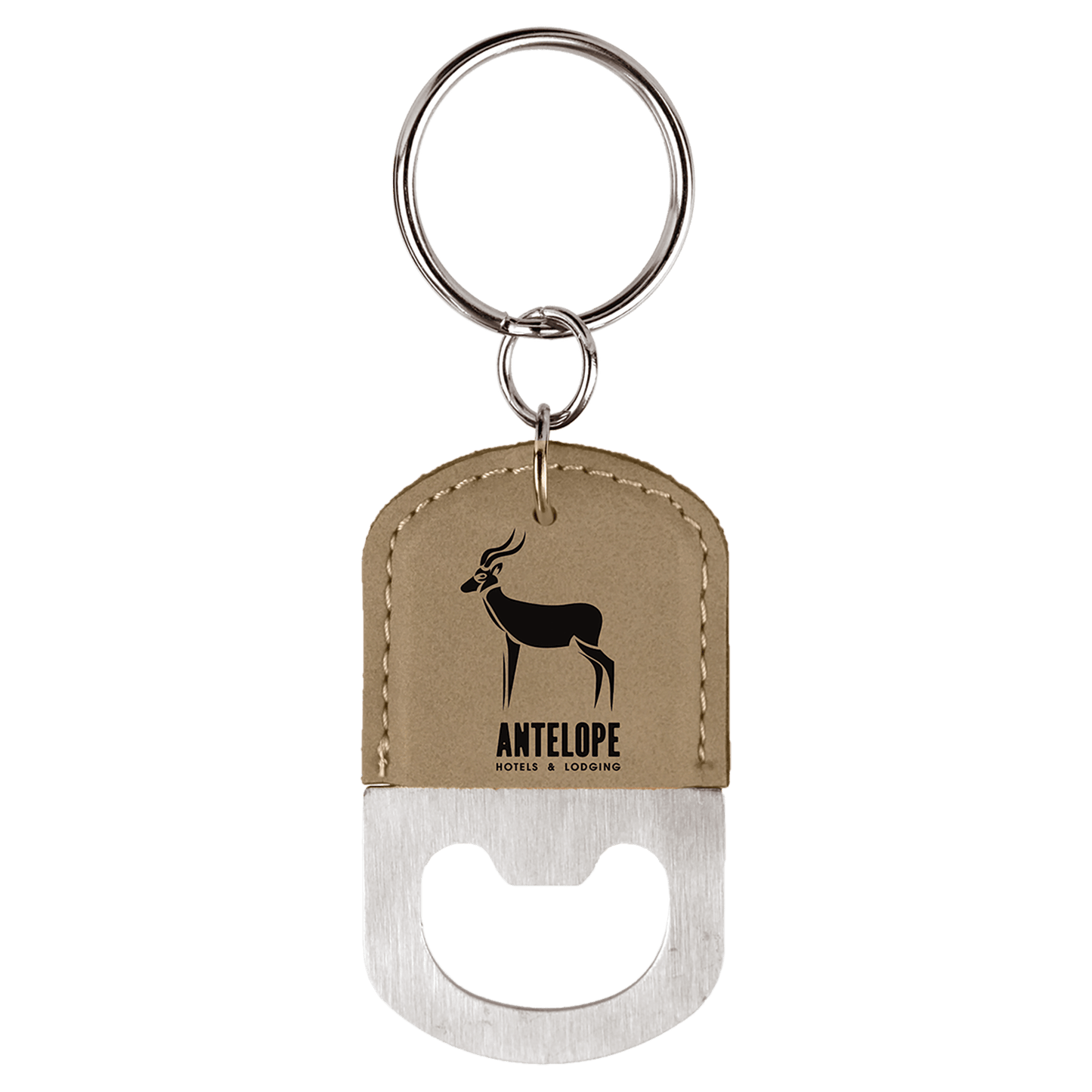 Oval Light Brown Laserable Leatherette Bottle Opener Keychain