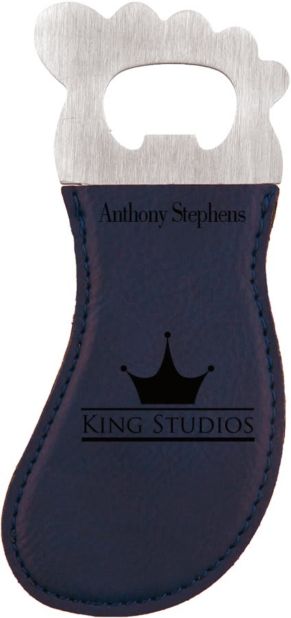 Blue/Back Laserable Leatherette Foot Shaped Bottle Opener with Magnet