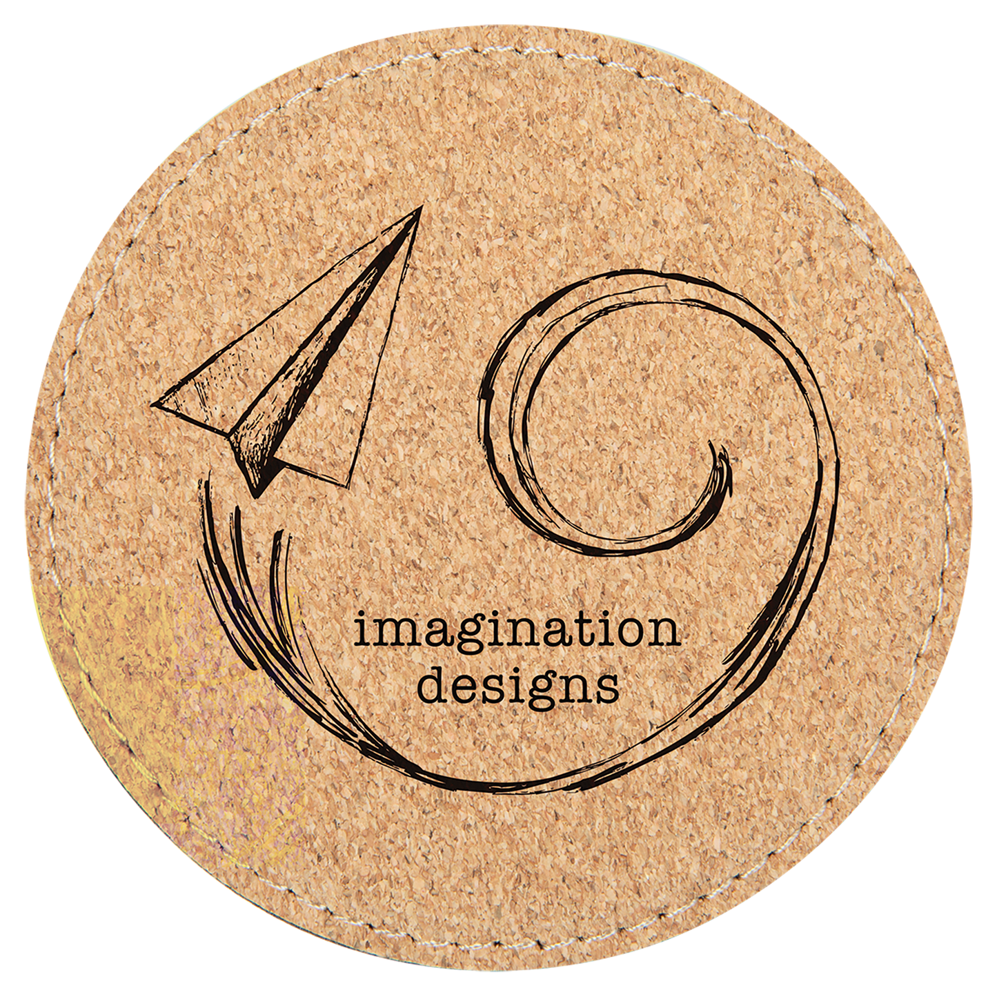 Personalized 4 inch round cork coaster with stitching and custom engraved name or monogram