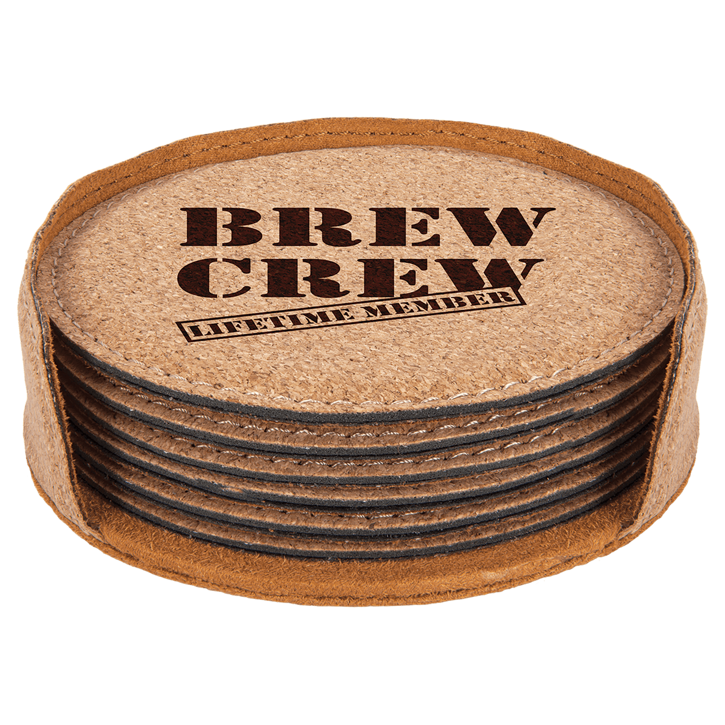 Set of 6 personalized 4 inch round leatherette coasters with custom engraved name or monogram