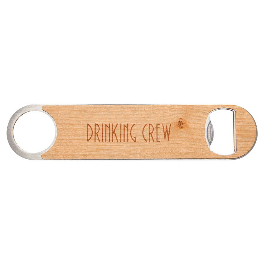 Personalized 7 inch bottle opener with wood veneer and custom engraved name or message