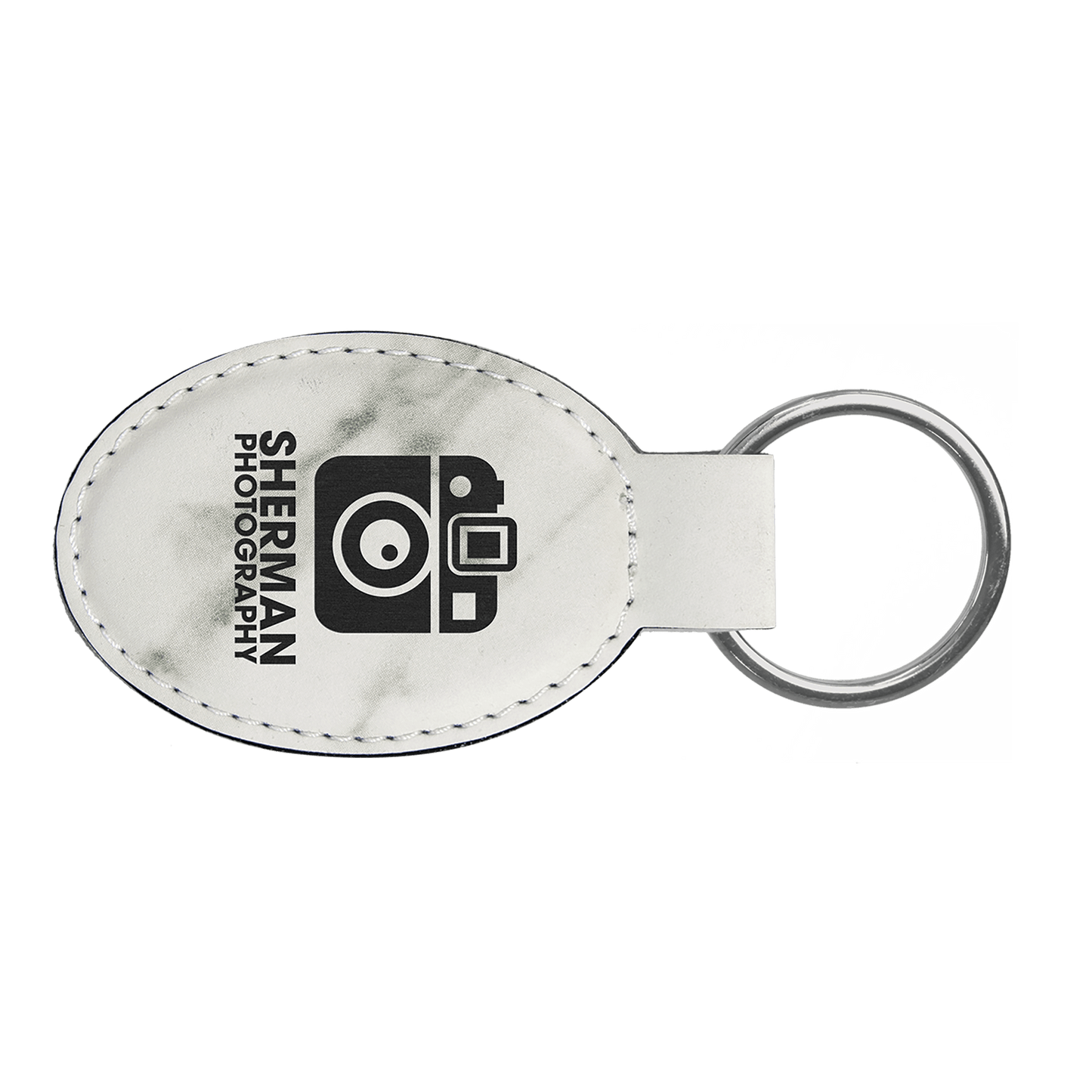 3" x 1 3/4" White Marble Laserable Leatherette Oval Keychain