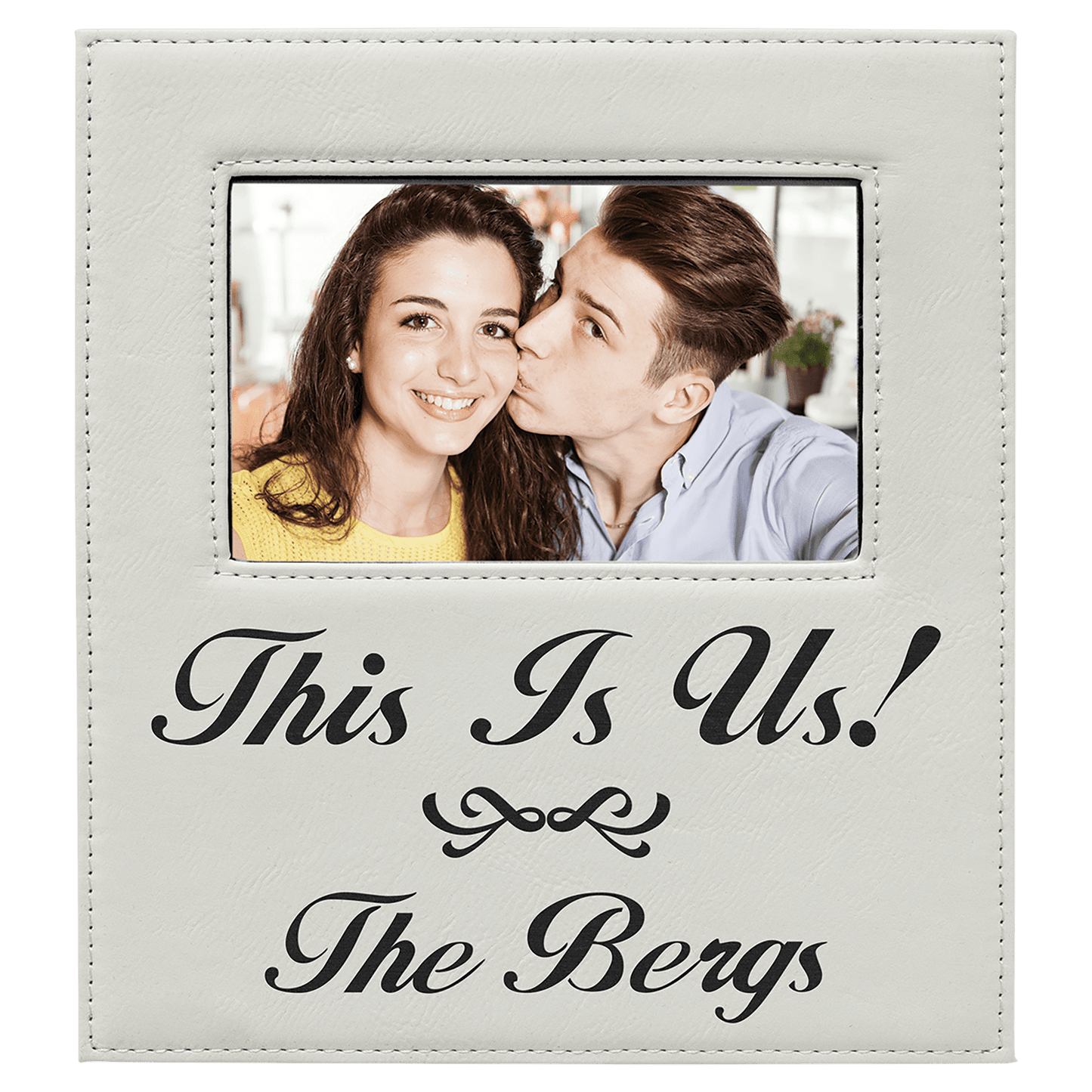 White 4" x 6" Leatherette Photo Frame with 4 1/4" x 7 7/8" Engraving Area