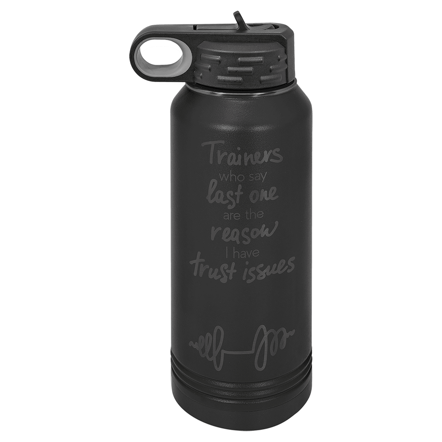 Personalized 32 oz. Black/Ghost Black ION-plated insulated water bottle with custom engraved name
