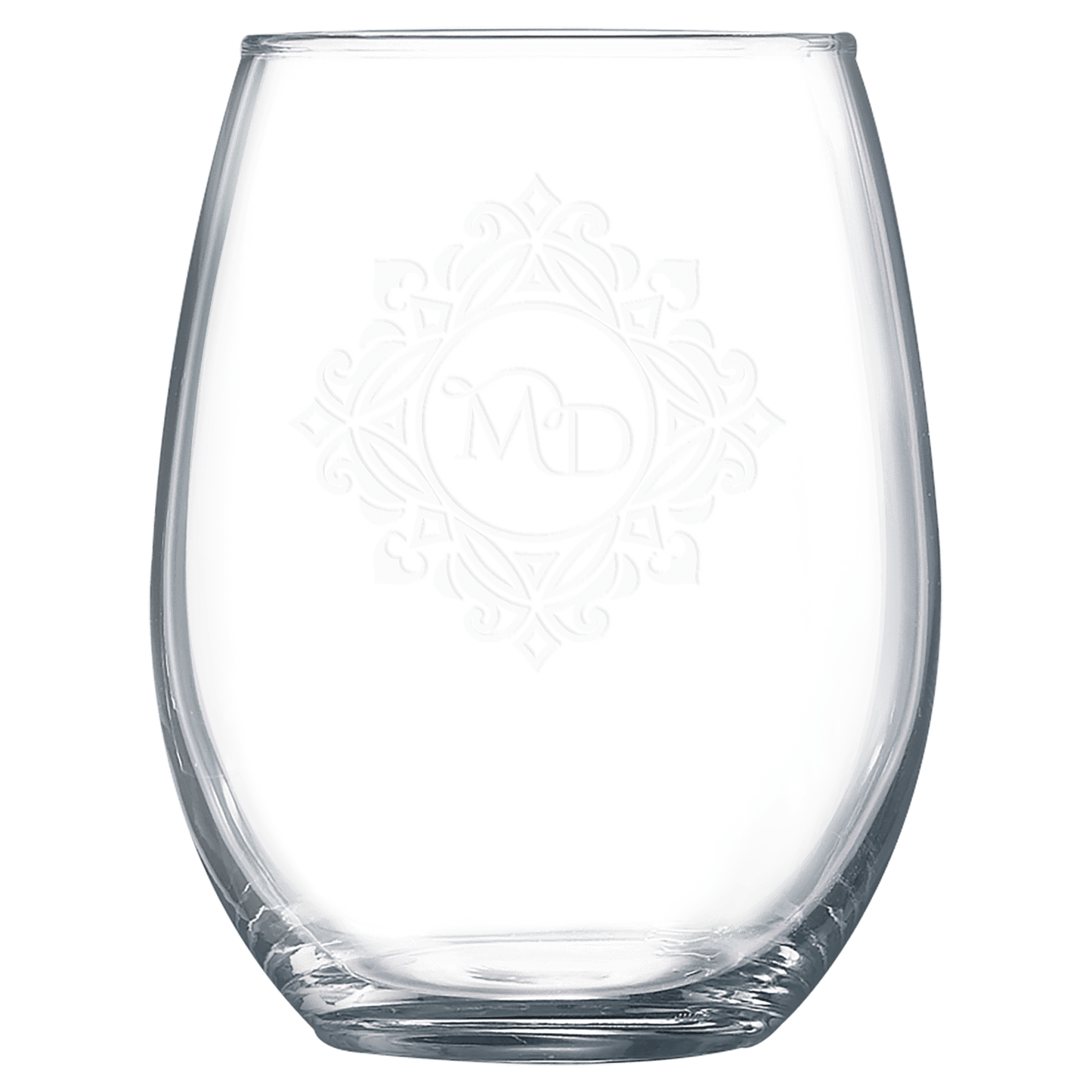 Personalized 15 oz. stemless wine glass with custom engraved name or message, perfect gift for wine lovers