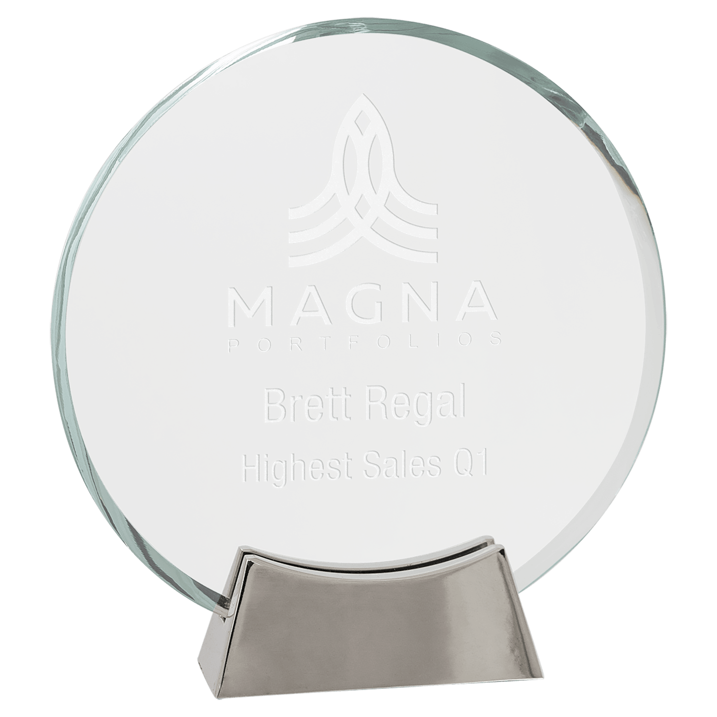 7 1/4" Round Platinum Glass with Full Metal Base glass award laser engravable