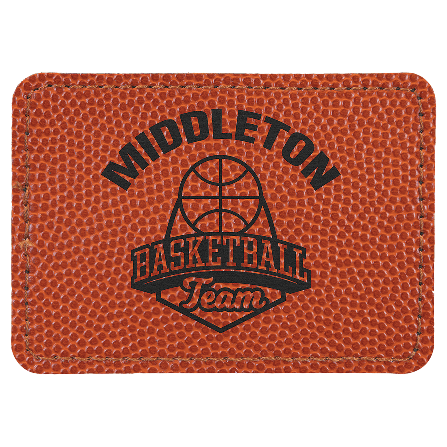 Basketball 3 1/2" x 2 1/2" rectangle leatherette patch laser engravable Kota Pro adhesive