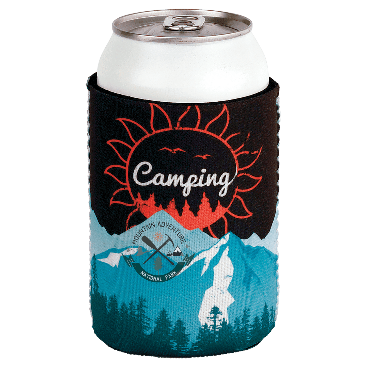 Personalized can beverage holder with custom full-color photo or design, fits 12 oz cans