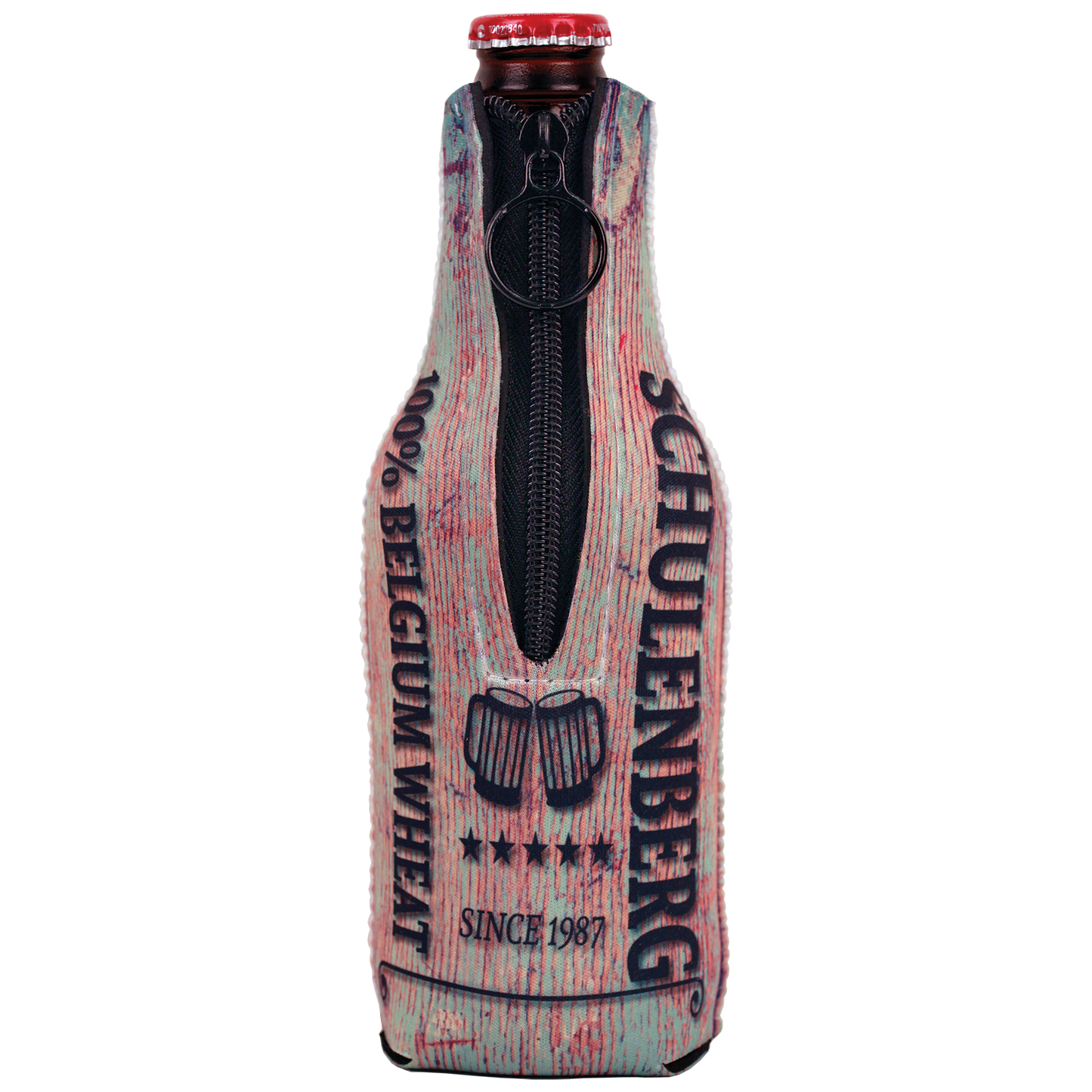 Personalized glass bottle beverage holder with zipper and custom full-color photo or design