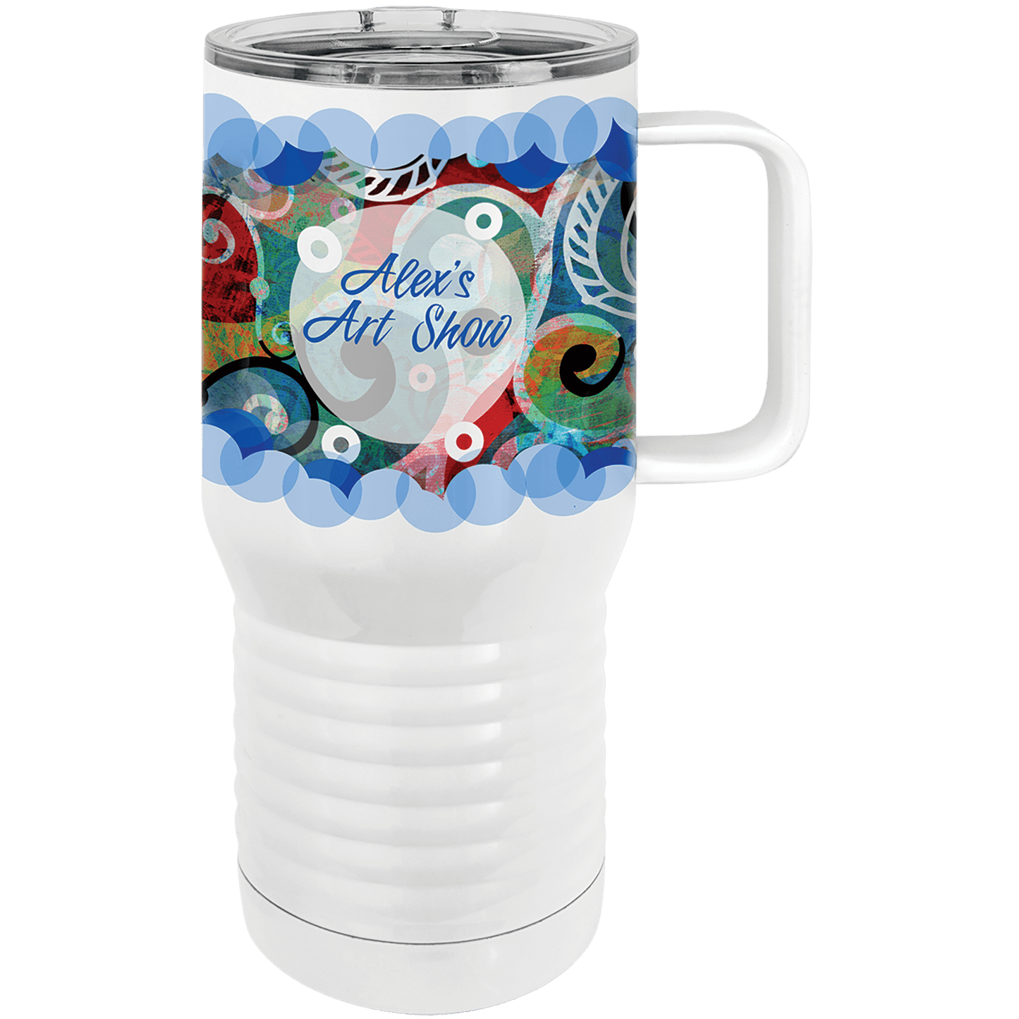 Personalized 20 oz. white insulated stainless steel travel mug with slider lid and custom full-color design