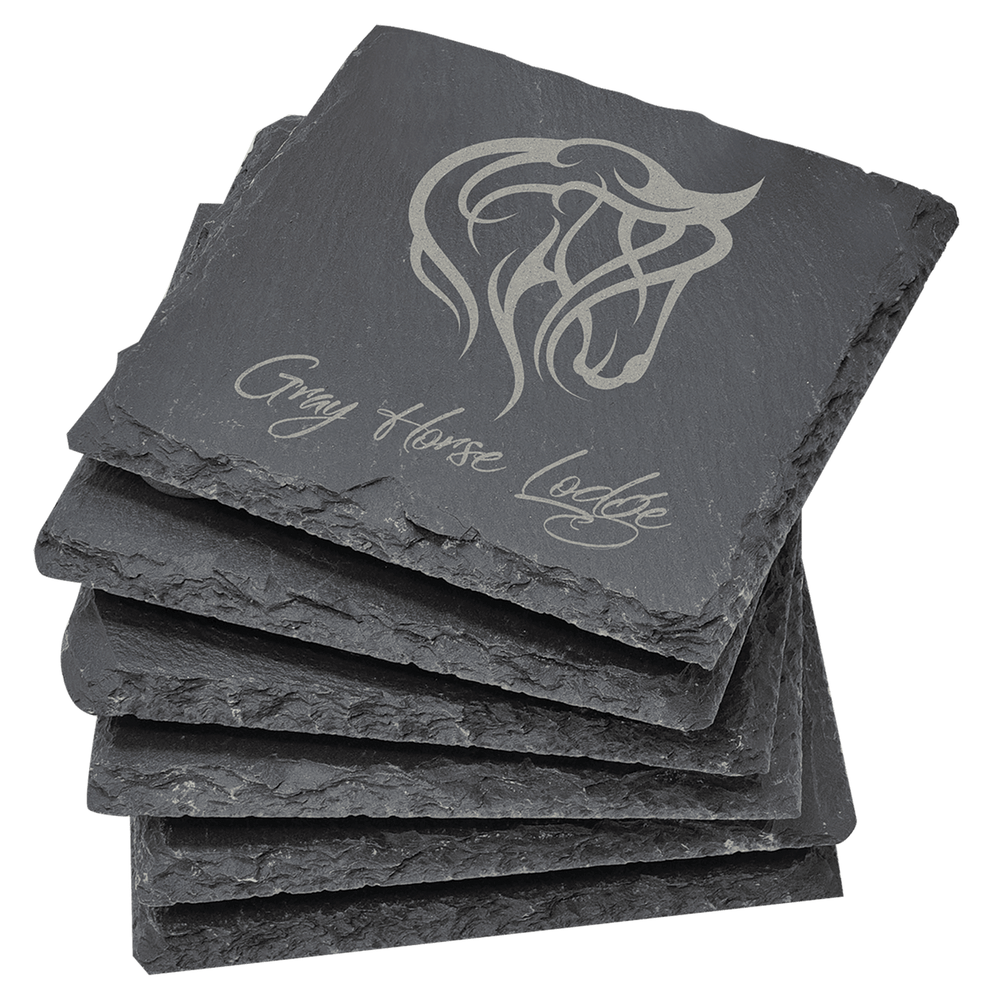 Set of 6 personalized 4x4 inch square slate coasters with custom engraved name or monogram in EVA foam gift box
