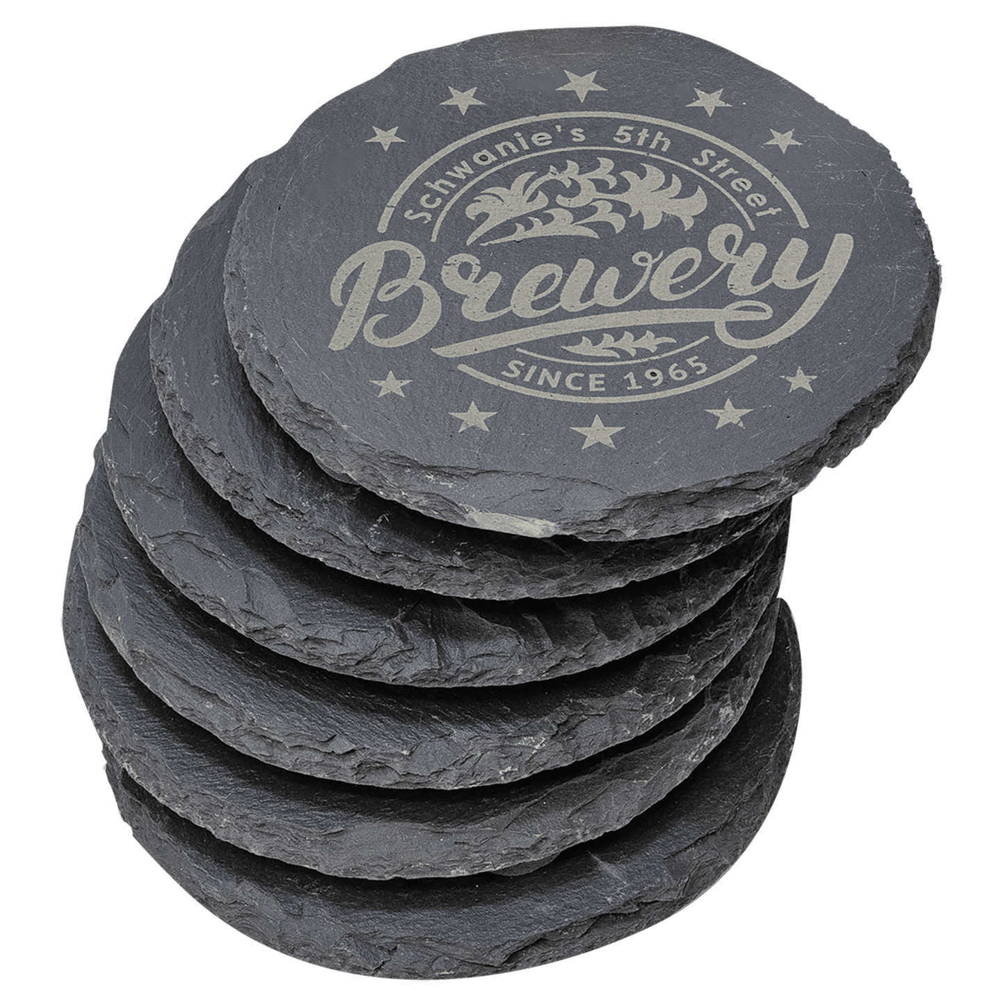 Set of 6 personalized 4-inch round slate coasters with custom engraved name or monogram in EVA foam gift box