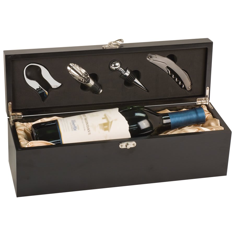 Personalized matte black wine gift box with tools and custom engraved name or monogram