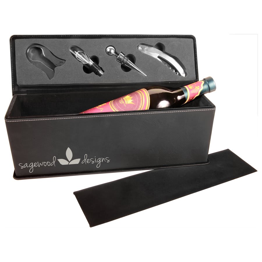 Black/Silver Laserable Leatherette Single Wine Box with Tools