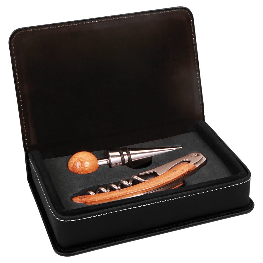 Black/Silver Laserable Leatherette 2-Piece Wine Tool Set