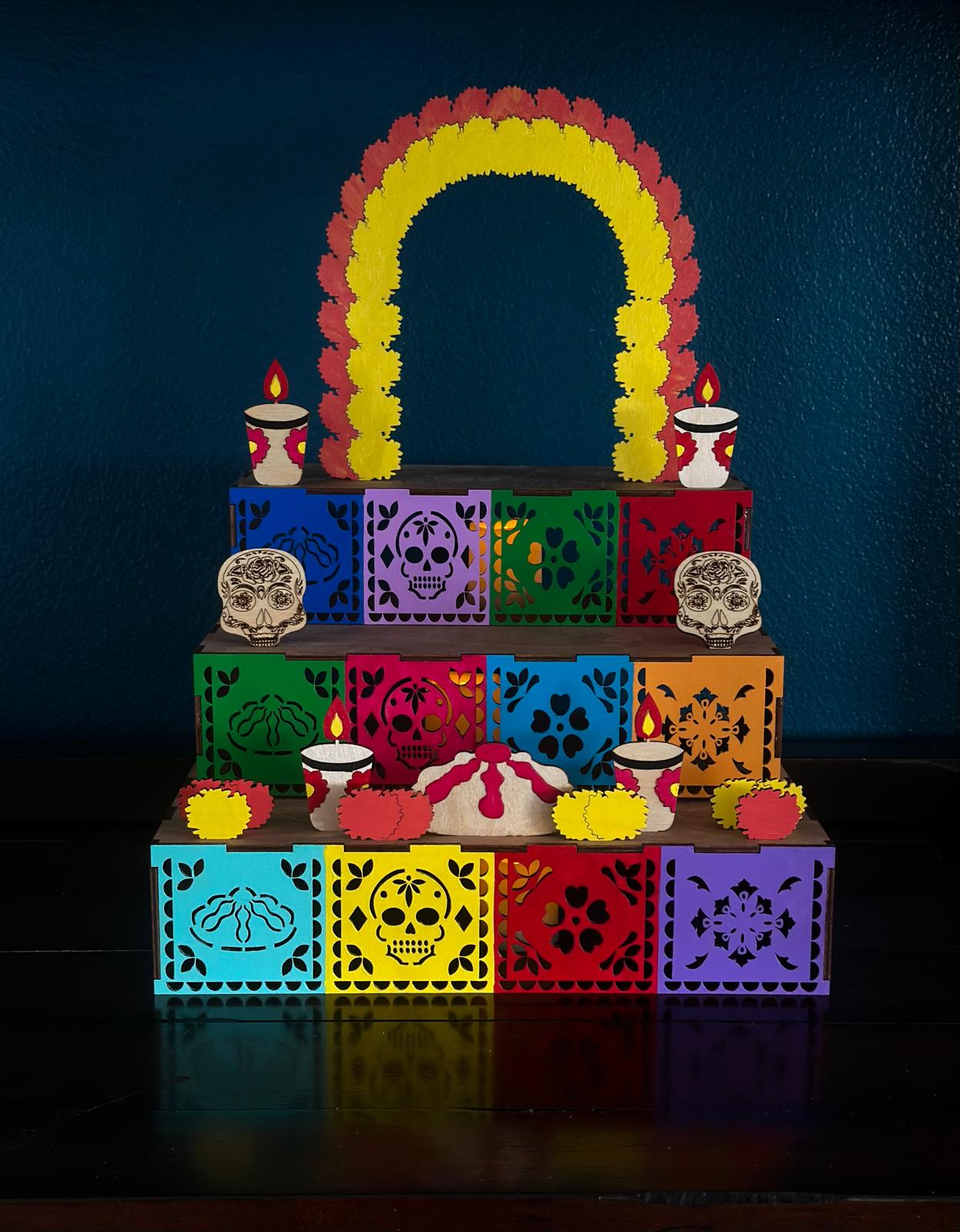 Assembled Día de los Muertos ofrenda — laser engraved painted wood altar decoration, traditional cultural display