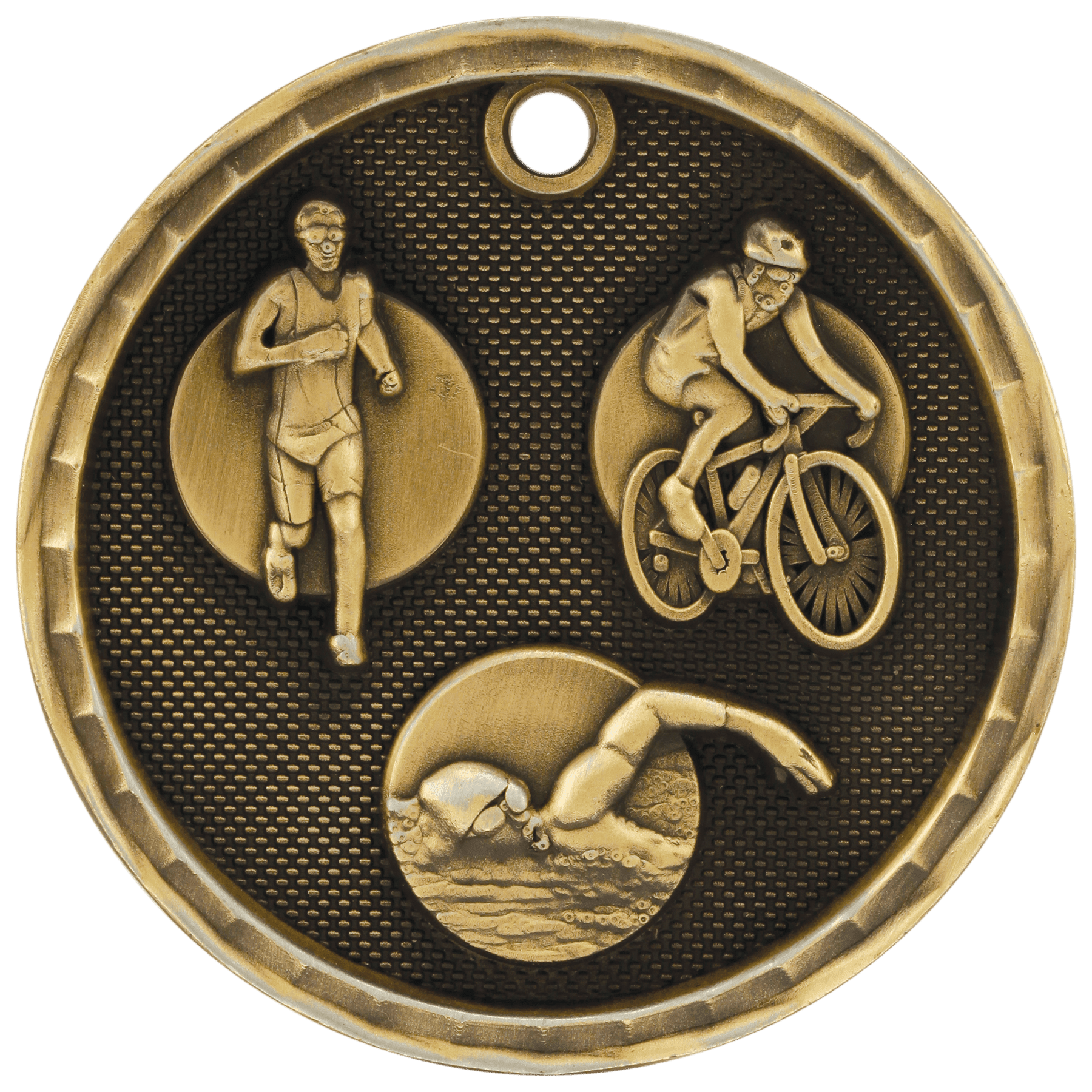 Antique Gold 2" 3D Triathlon Medal laser engravable medal