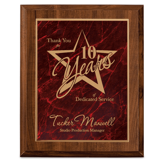 7" x  9" Cherry Finish Plaque with Red Marbleized Plate laser engravable