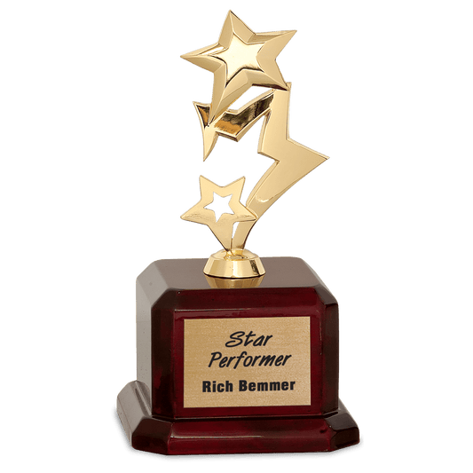 Gold Metal Rising 3-Star on Rosewood Piano Finish Base laser engravable