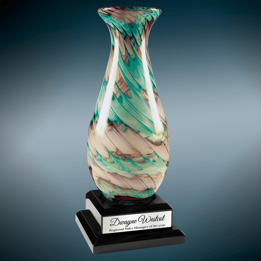 Swirl Art Glass Vase with Black Royal Piano Finish Base glass award laser engravable