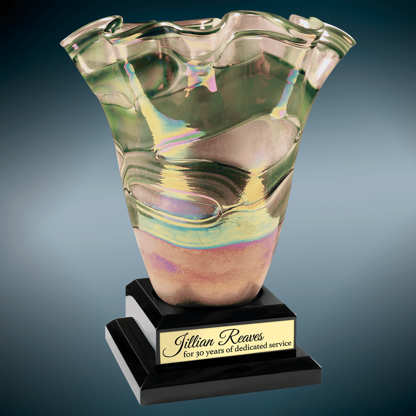 14 1/4" Art Glass Vase with Black Royal Piano Finish Base glass award laser engravable