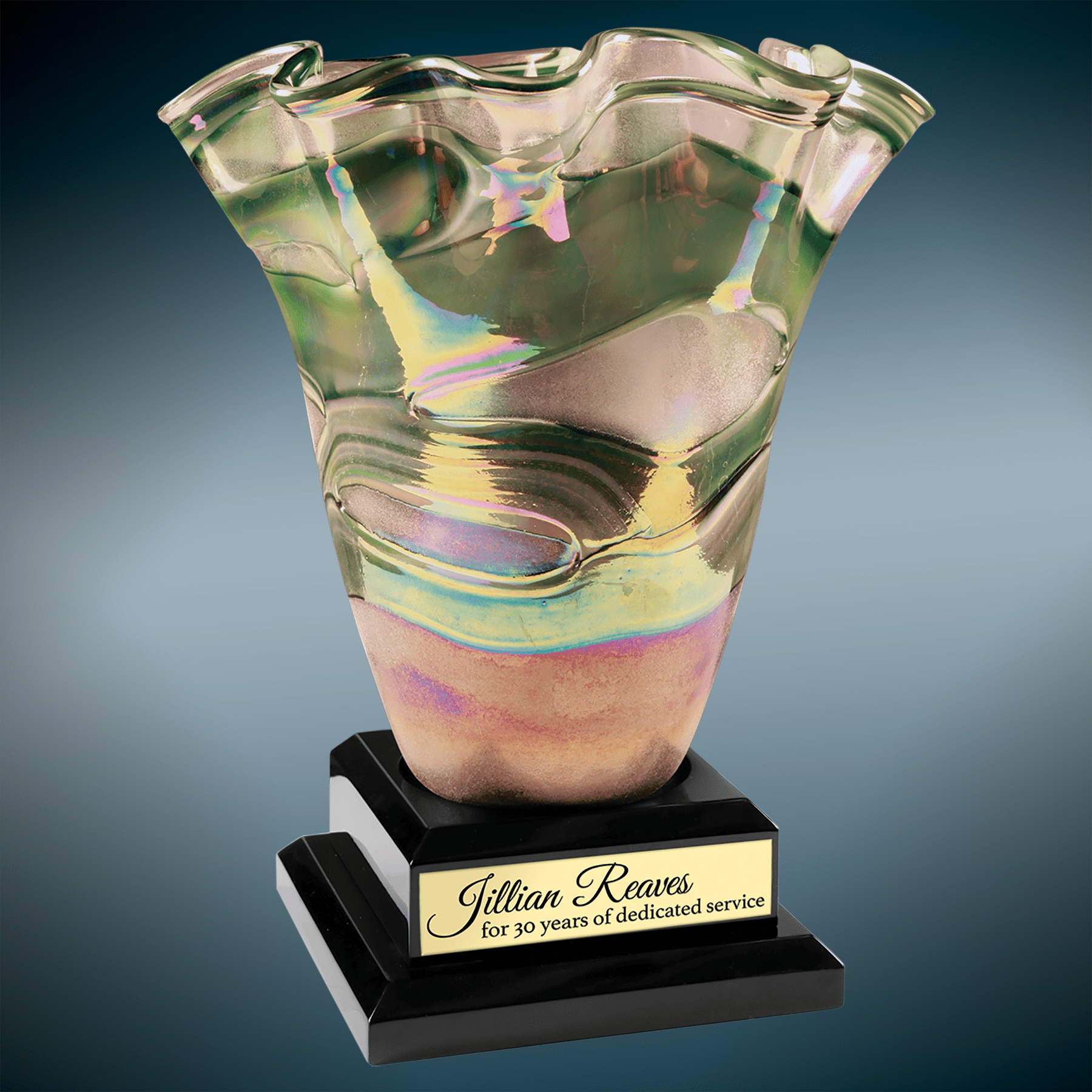 14 1/4" Art Glass Vase with Black Royal Piano Finish Base glass award laser engravable