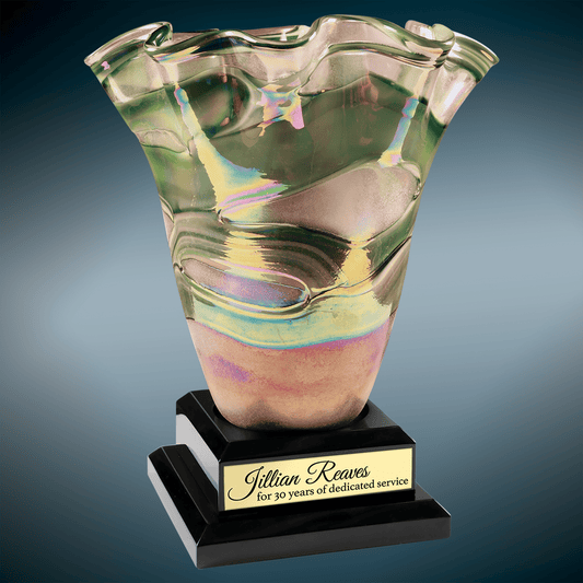 14 1/4" Art Glass Vase with Black Royal Piano Finish Base glass award laser engravable